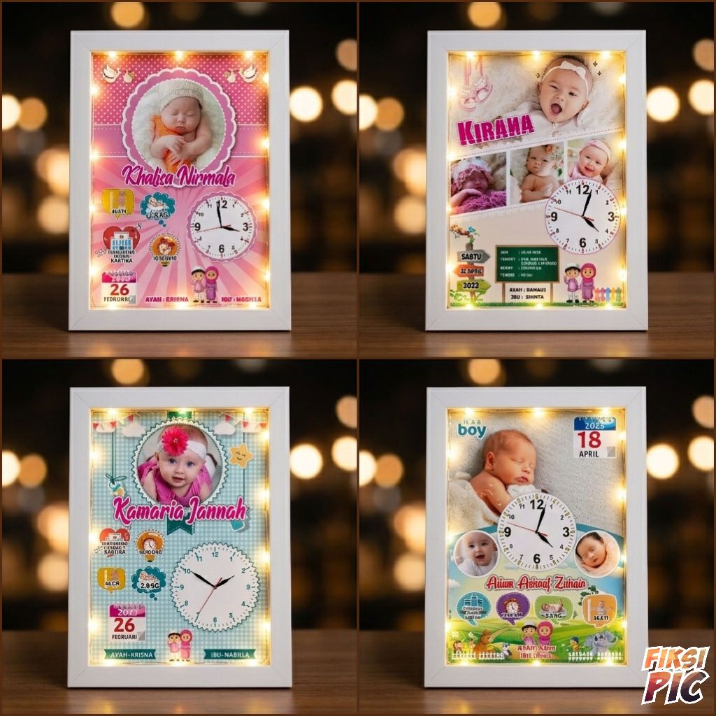biodata bayi jam dinding custom kado lahiran bayi frame 3D dengan lampu 21x30cm bio baby  | Fiksipic