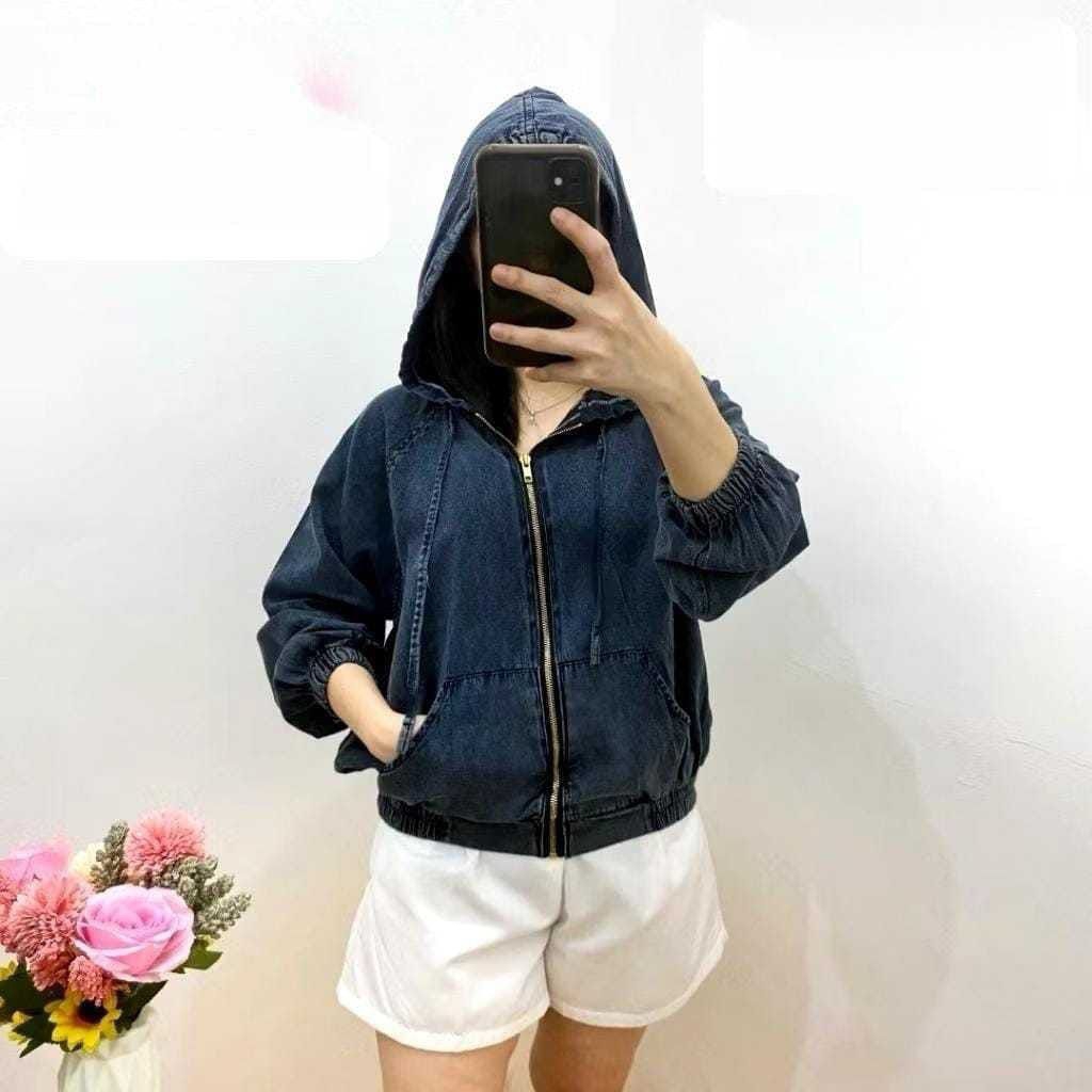 HOODIE JEANS RISLETING ZIPPER WANITA OVERSIZE JAKET KOREA KEKINIAN JAKET KUPLUK DENIM TERBARU