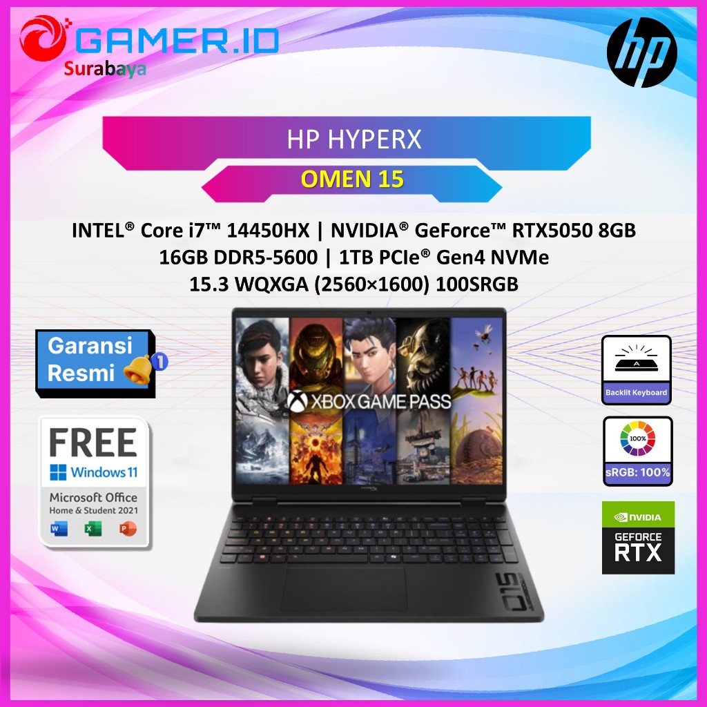 LAPTOP HP HYPERX OMEN 15 I5 14450HX RTX5050 8GB/ 16GB 1TB 15.3WQXGA 180HZ 100SRGB