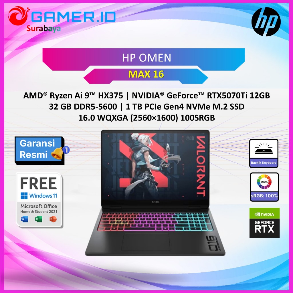 LAPTOP HP OMEN MAX 16 RYZEN AI 9 HX 375 RTX5070TI 12GB/ 32GB 1TB 16.0WQXGA 240HZ