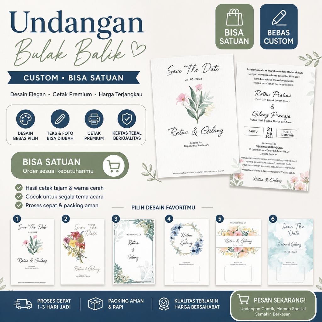 (Bisa Satuan ) Undangan Bolak-Balik Custom – Full Color & Berkualitas