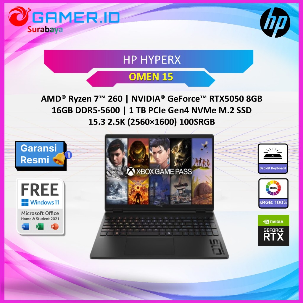 LAPTOP HP HYPERX OMEN 15 RYZEN 7 260 RTX5050 8GB/ 16GB 1TB 15.3WQXGA 180HZ 100SRGB