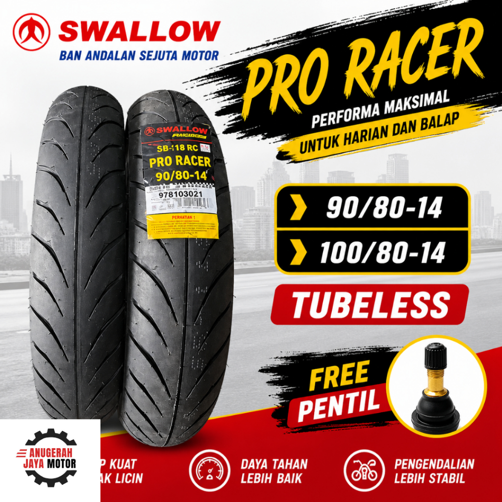 SWALLOW Pro Racer 90/80 100/80 Ring 14 Tubeless Soft Compound Ban Motor Ring 14 Ban Motor Matic Ban 