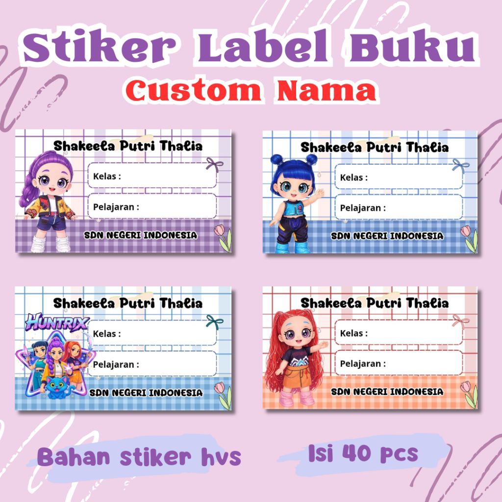 KPOP DEMON HUNTERS Stiker Label Buku CUSTOM NAMA & SEKOLAH
