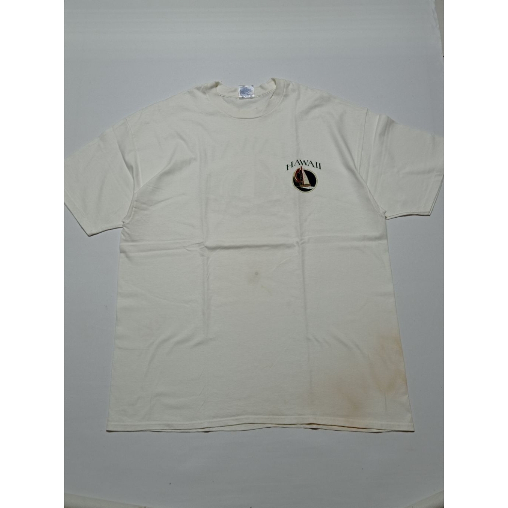 Kaos Hawai Island Adventures Vintage 90s Single Stich Atas Warna Putih Size XL Second Brand Hanes