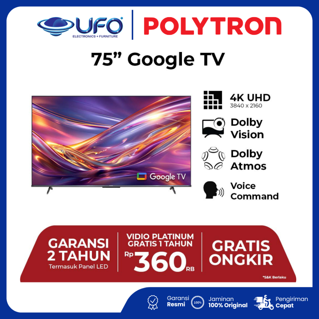 POLYTRON TV PLD75UG5059 4K UHD Smart Google TV 75 Inch