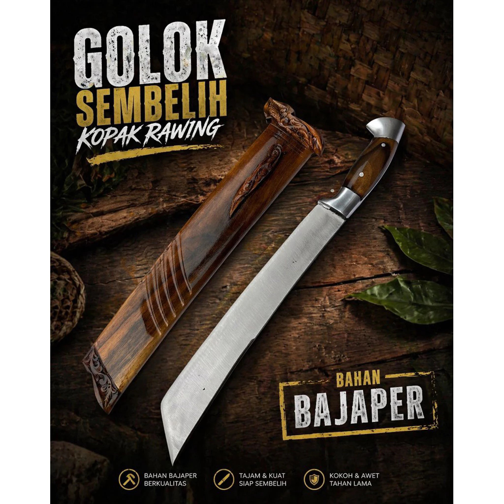 GOLOK KEBUN KOPAK RAWING KHAS BANTEN KAYU JOHAR BAHAN BAJAPER PB 30cm