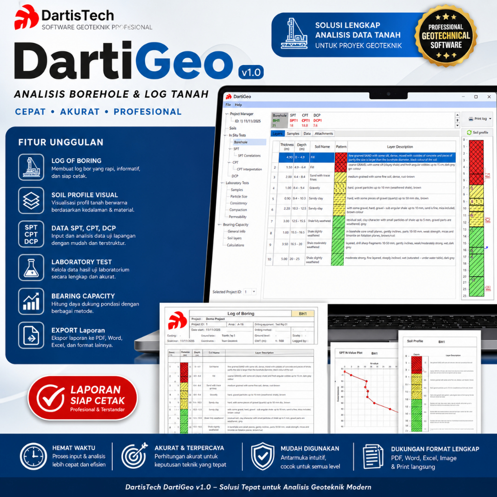 DartisTech DartiGeo v1.0 – Software Analisis Borehole & Log Tanah Profesional