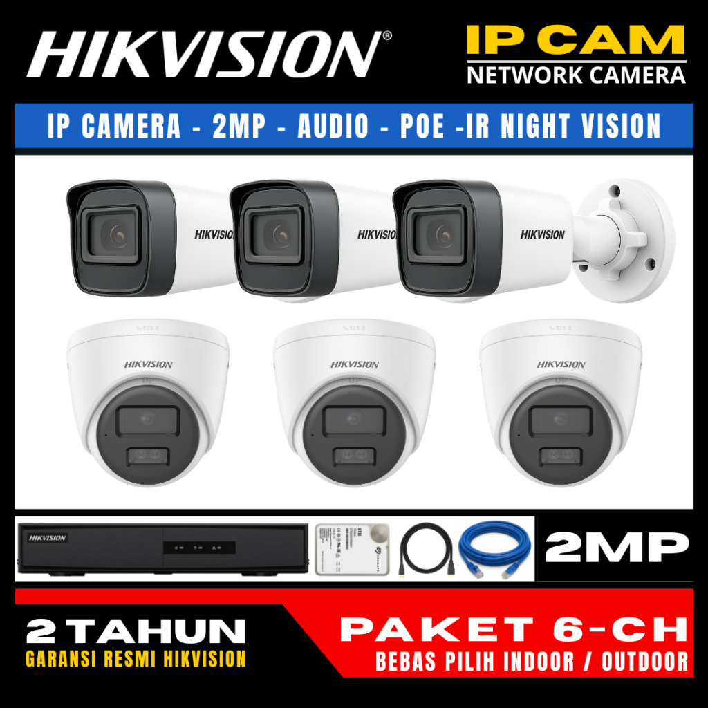 paket cctv hikvision ip camera 2mp audio 8 channel 6 kamera ip camera cctv