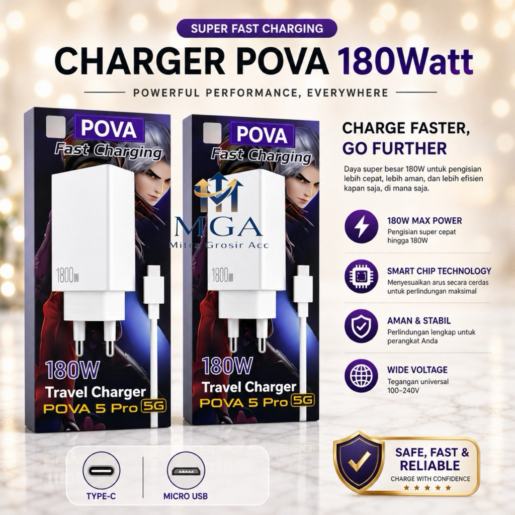 MGA - Charger Kompatibel Smartphone Tecno Pova 5Pro 5G 180W Micro|Type C Fast Charging