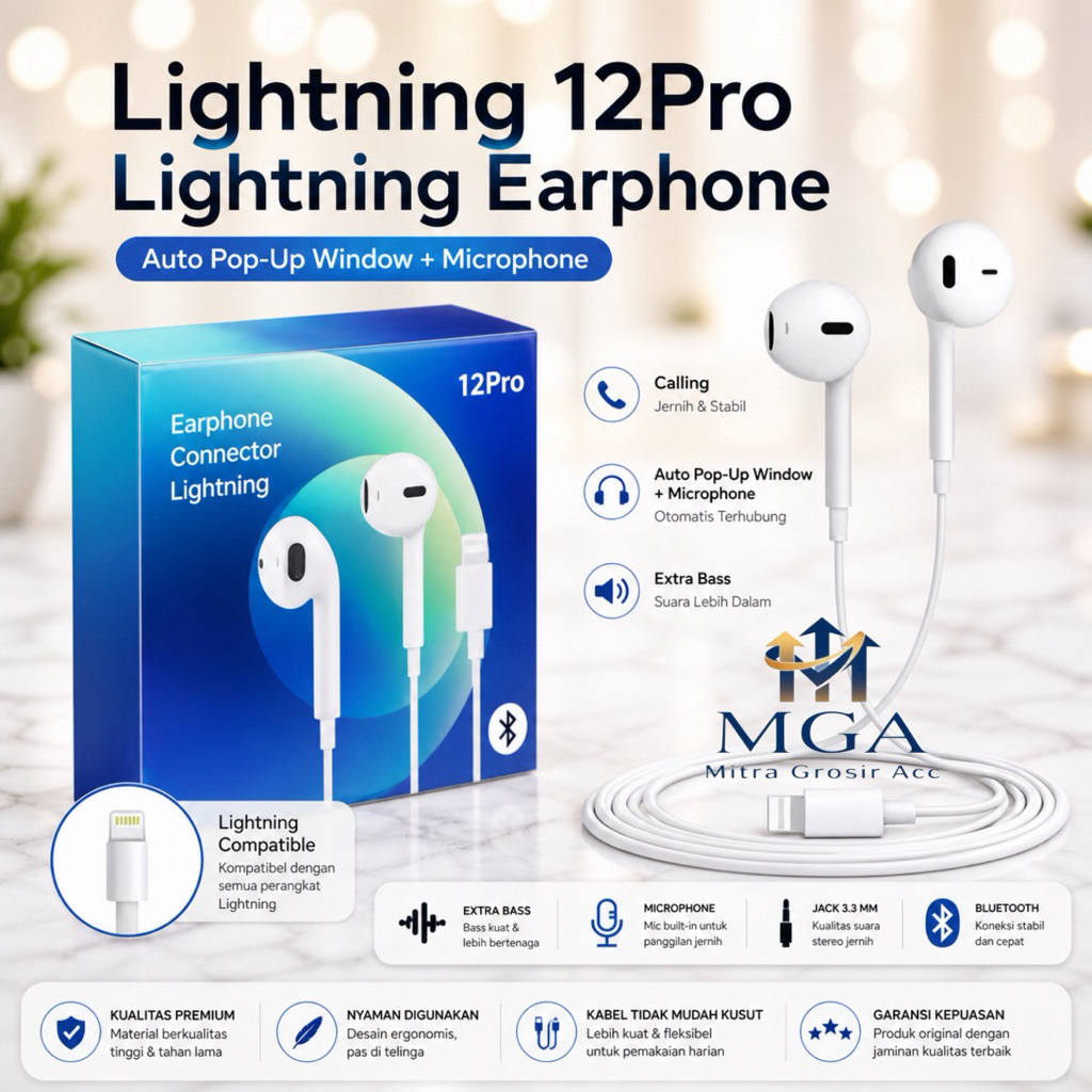 MGA - Headset Lightning Kompatibel Iphone 12Pro Wireles Bluetooth Auto Pop-Up With Mic