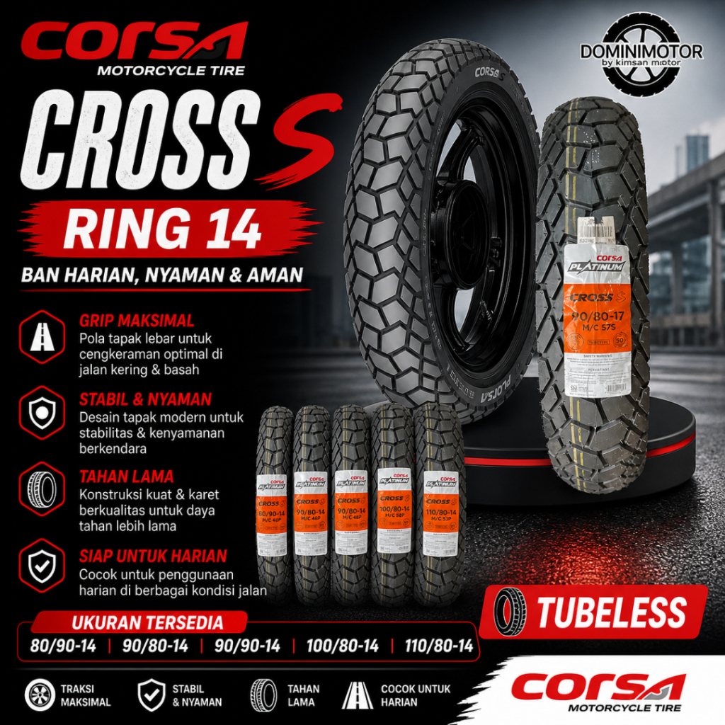CORSA CROSS S 80/90-14 90/80-14 90/90-14 100/80-14 110/80-14 Ring 14 Tubeless Ban Motor Corsa Ring 1