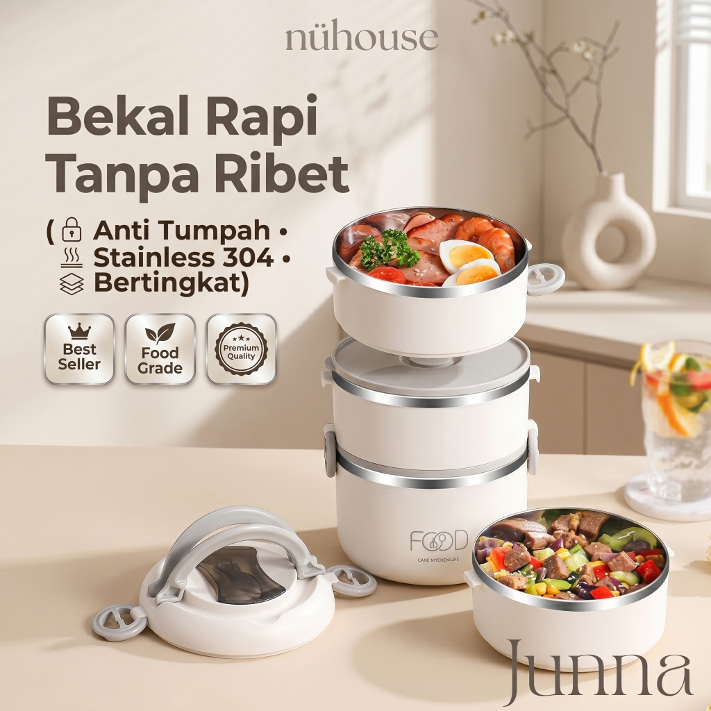 [Nuhouse] Junna - Lunch Box Tempat Kotak Bekal Wadah Makan Stainless - Aesthetic Anti Tumpah Mini Ke