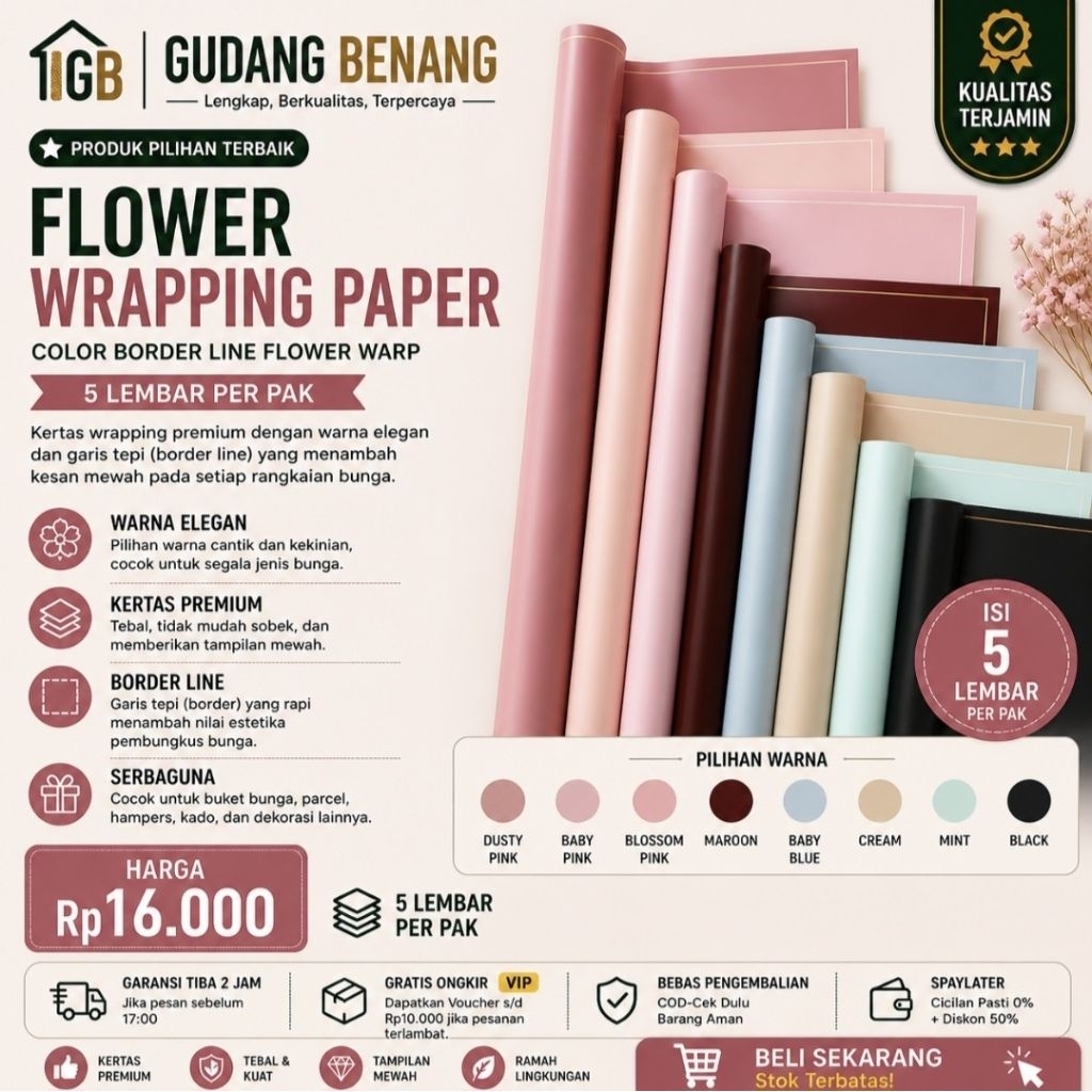 flower wrapping paper /color border line flower warp(5 LEMBAR)