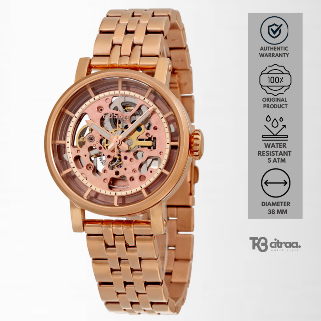 Jam Tangan Fossil Boyfriend Automatic Wanita Rose Gold Stainless Steel Mewah Original ME3065