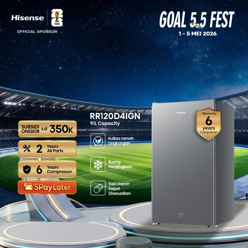 Hisense Kulkas RR120D4IGN Refrigerator Mini Bar Kapasitas 91L 1 Pintu Warna Grey 2L Rak Muat Ukuran 