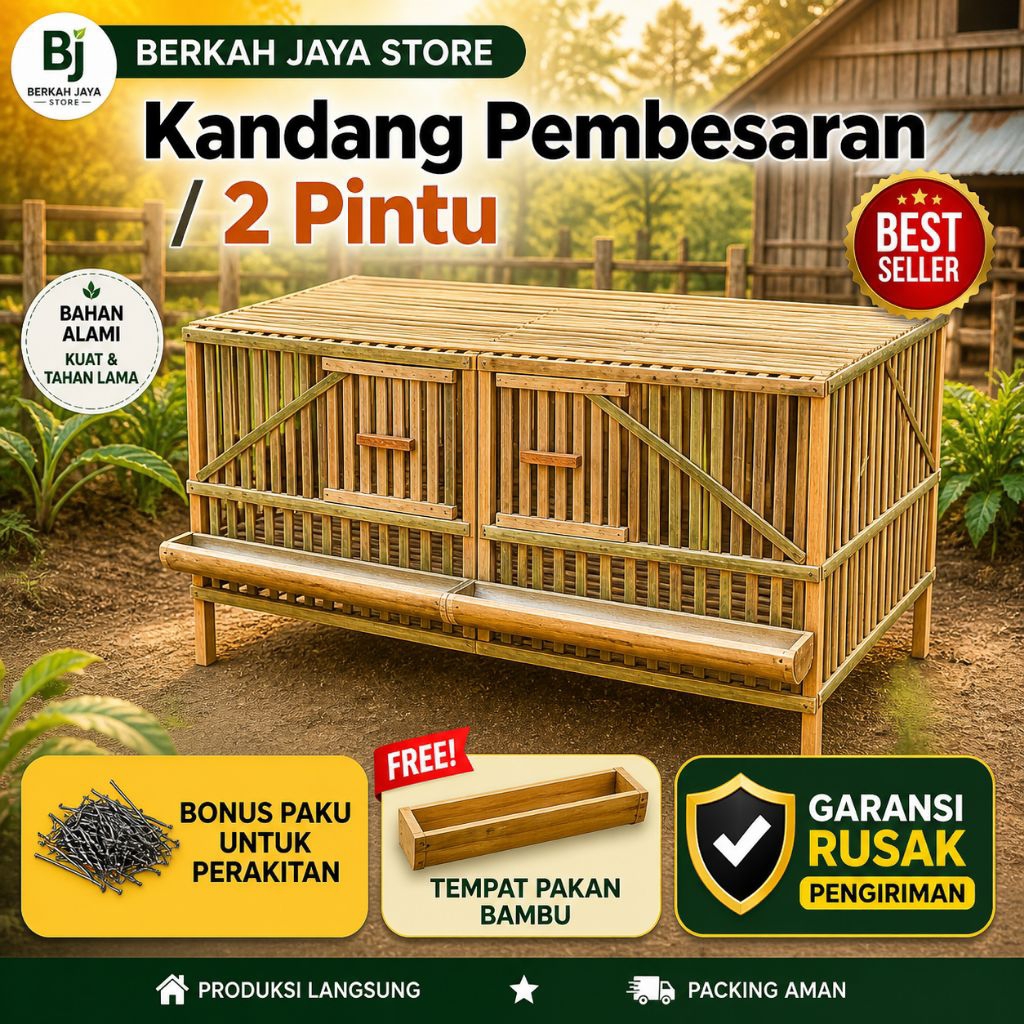 Kandang Ayam Pembesaran 2 Pintu 100x50x50 cm | Bahan Bambu + Kaki Kayu | Kapasitas 25 Ekor | Bonus T