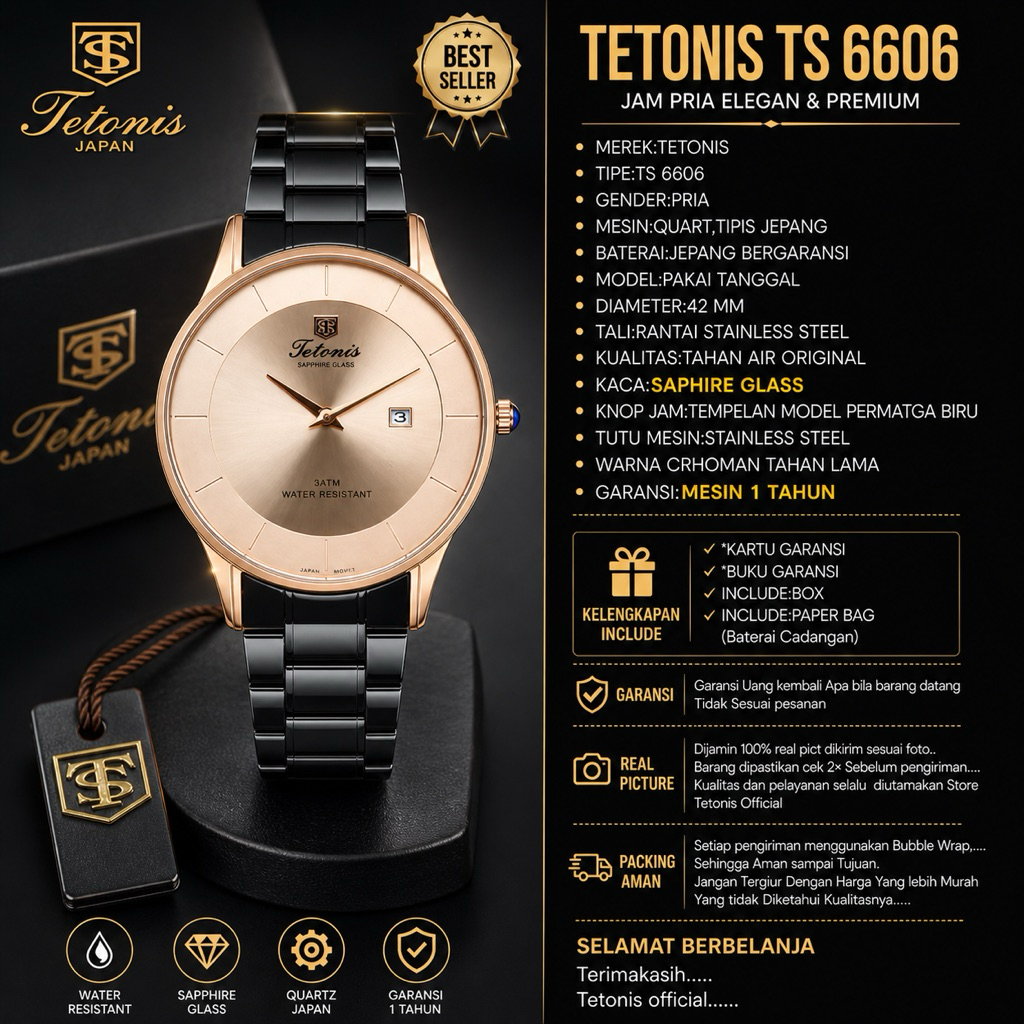 Jam tangan pria Tetonis Ts 6606 Original Tahan air kaca saphire glass.free box