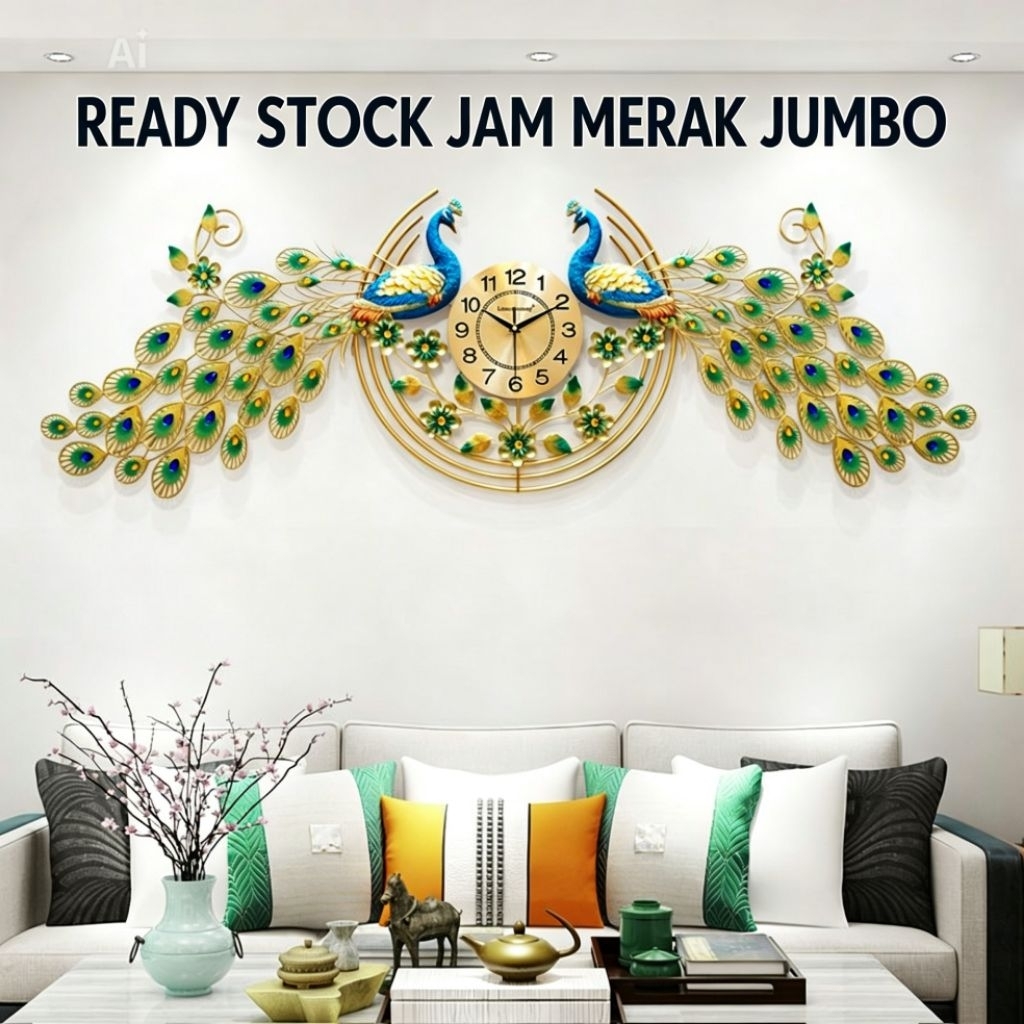 Jam dinding merak jumbo mewah dekorasi ruang tamu