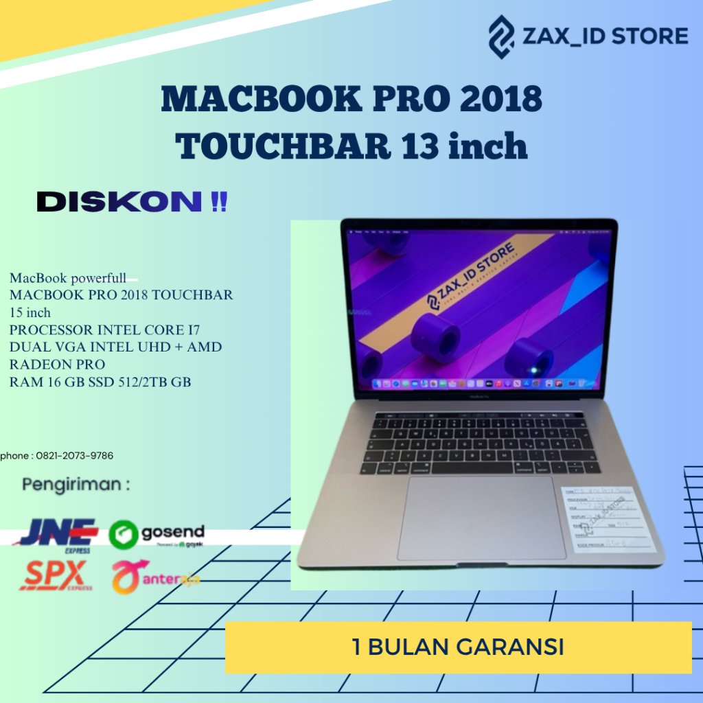 MACBOOK PRO 2018 TOUCHBAR 13 inch RETINA DISPLAY i7 DUAL VGA RAM 16 GB SSD 512 GB