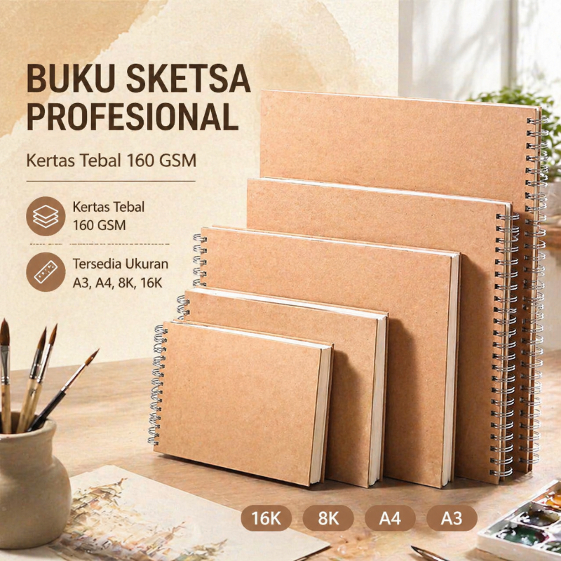 Buku Sketsa Profesional 160GSM Kertas Tebal Tahan Hapus Spiral Binding A4 8K 16K A3 untuk Menggambar