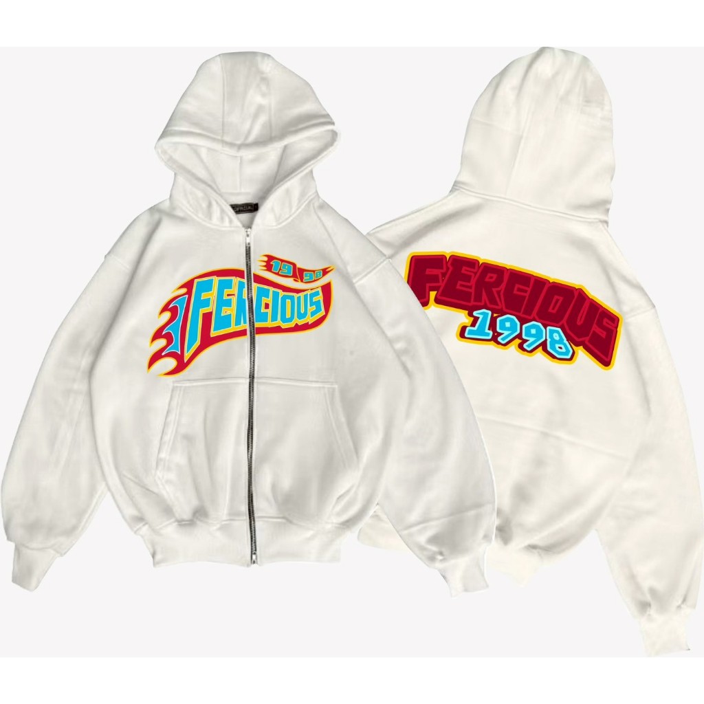 Hoodie Boxy White Ferocious 1998 Art Red Casual Full Zip Premium Quality Distro