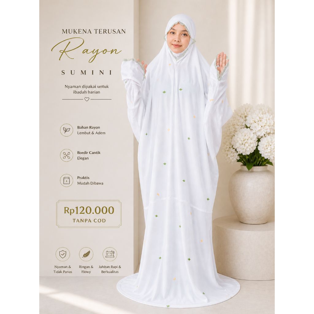 Mukena Terusan Rayon Sumini Bordir Premium | Mukena Dewasa Adem Lembut Nyaman Sholat | Mukena Putih 