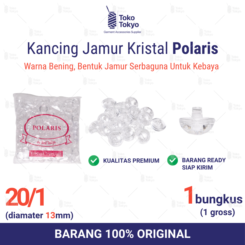 Kancing Jamur Kristal Polaris 13mm Warna Bening (1 bungkus isi 144 Pcs) - Kancing Tampilan Mewah, Mo