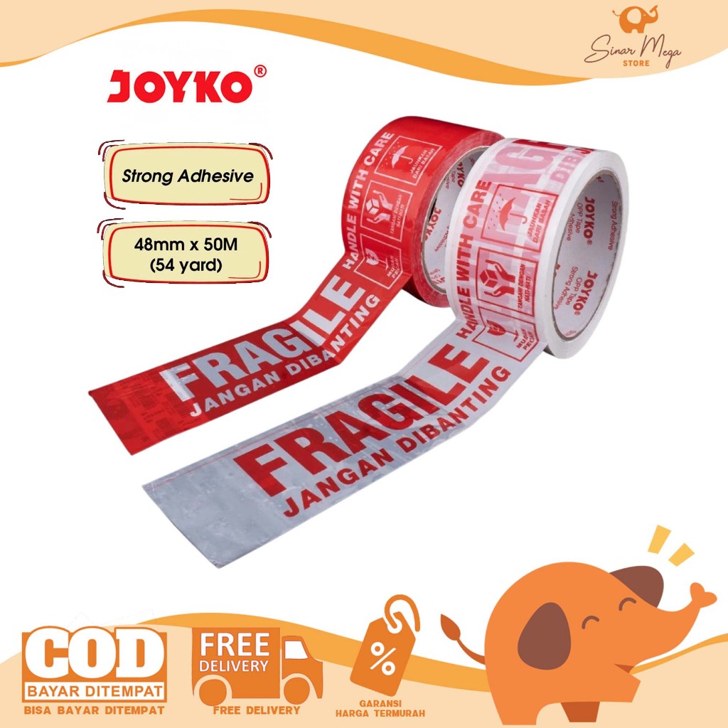 Joyko Lakban FRAGILE OPP-3FR-50 (Merah) & OPP-4FR-50 (Putih) Packing Murah Berkualitas
