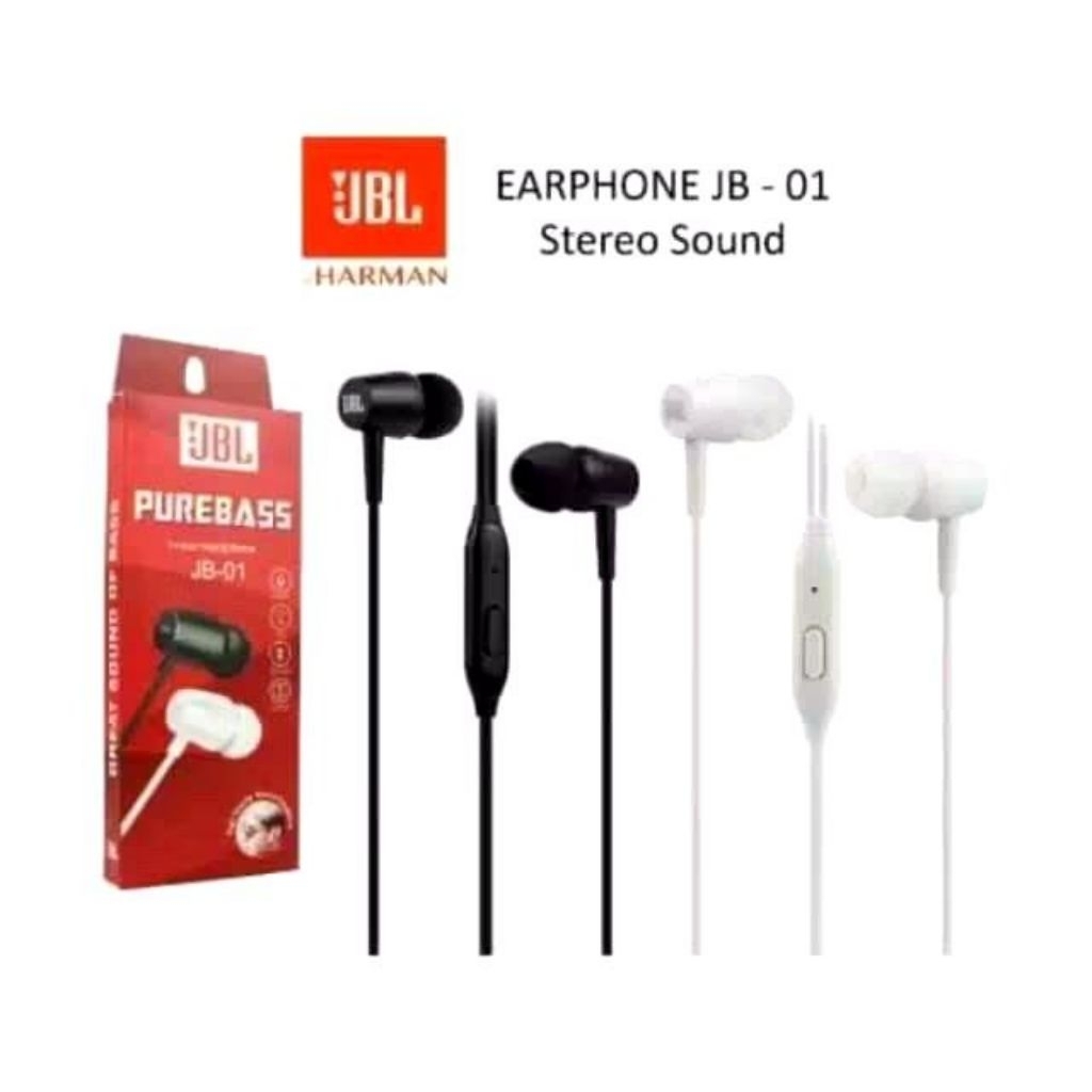 Headshet JBL JB 01 HANDSET Purebass JB-01Hitam putih hf music audio earphone