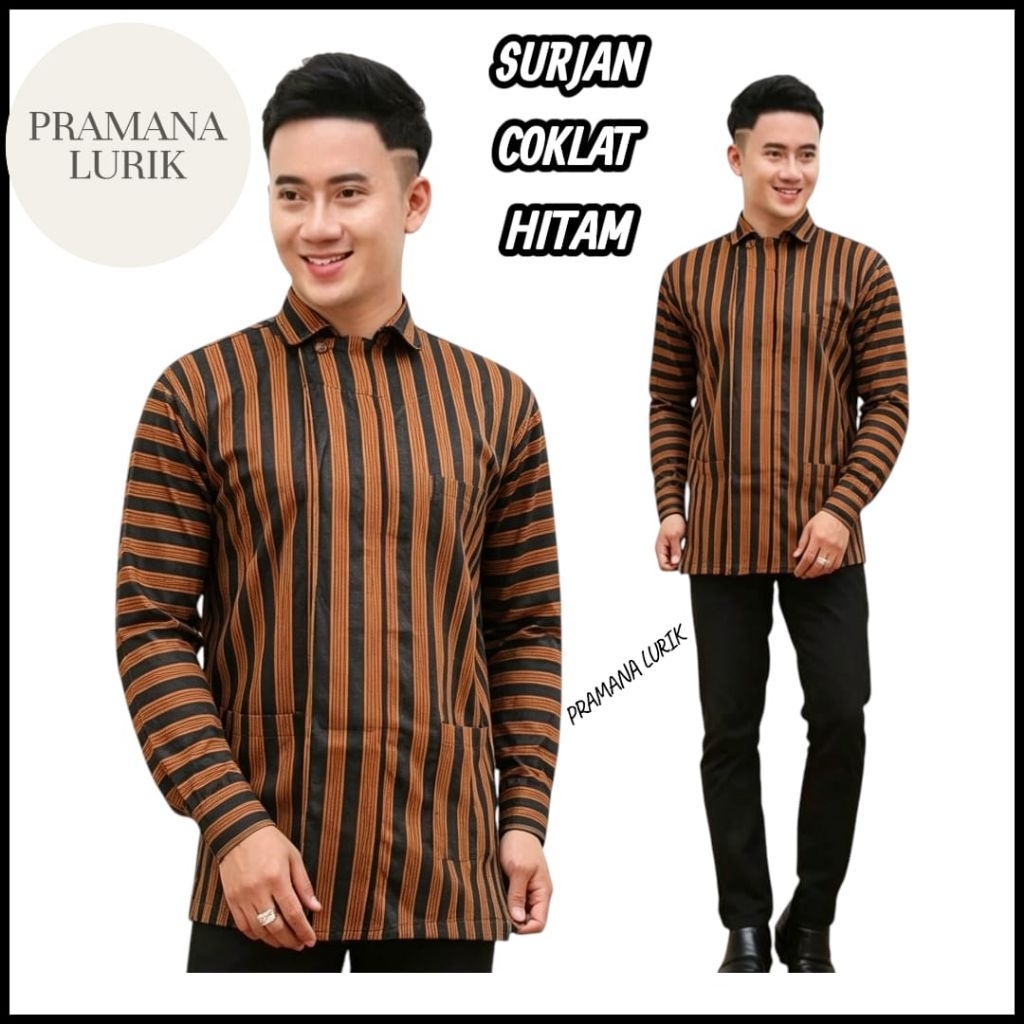 BAJU ADAT JAWA.PRIA DEWASA.BAJU SURJAN LURIK JAWA, KAIN TENUN COKLAT HITAM (DEWASA)