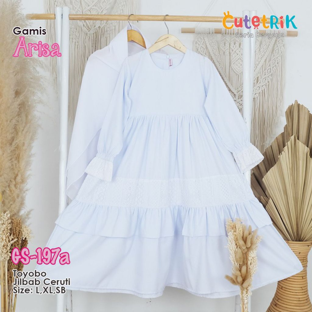 0 Cutetrik Setelan Baju Muslim  putih manasik umroh Anak Perempuan Set Celana Tunik Putih Brocade