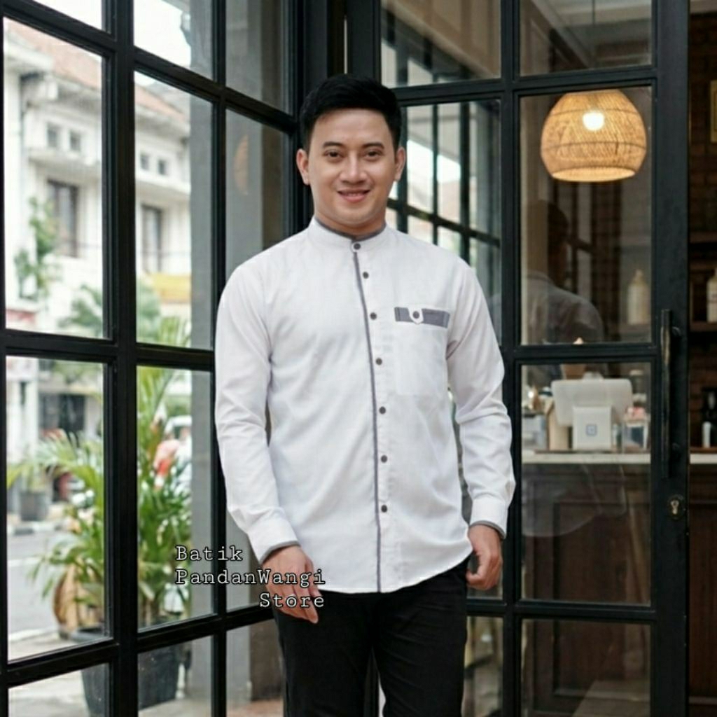 Baju Koko List Putih Abu Lengan Panjang Kemko Pria Dewasa Bahan Katun Toyobo