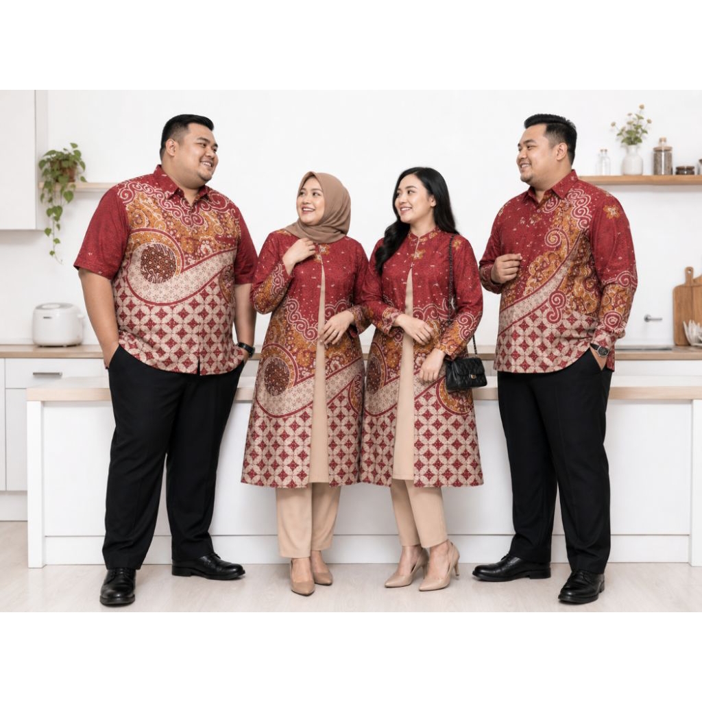 BAJU COUPLE BATIK TUNIK MERAH SARIMBIT TUNIK JUMBO COUPLE BATIK MERAH