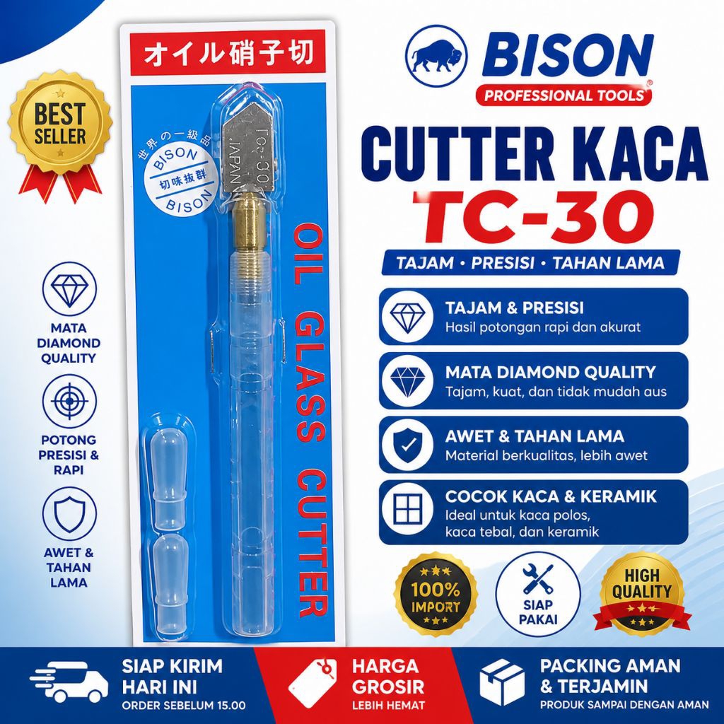 Cutter Kaca BISON TC-30 Oil Glass Cutter Diamond – Pemotong Kaca Presisi Tajam Tahan Lama Keramik & 