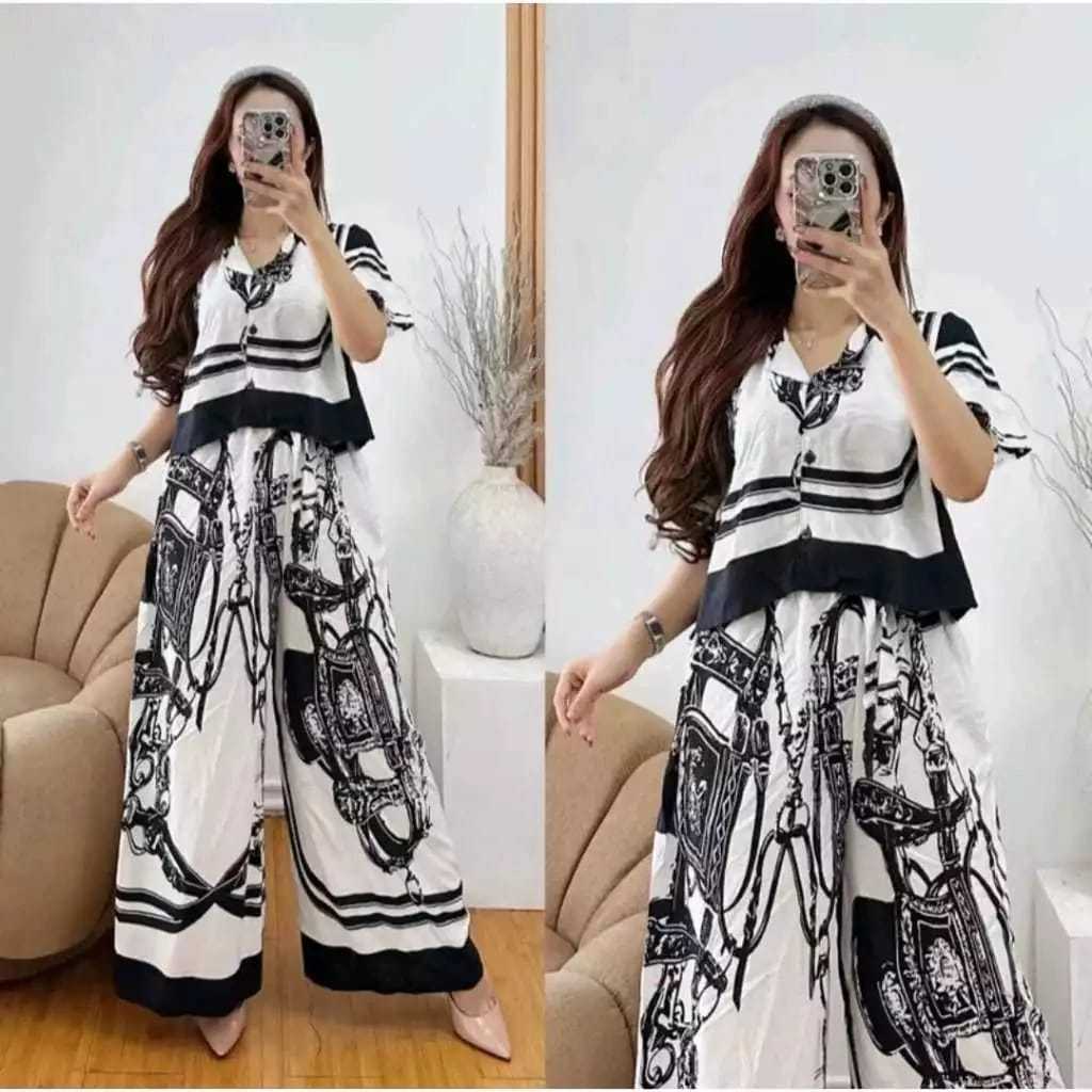Setelan Crop wanita kekinian | one set Crop celana kulot jumbo | busui frendly kancing motif wayang