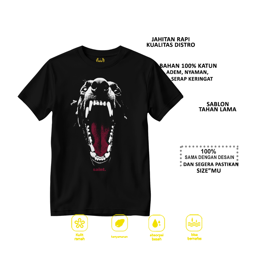 Kaos Distro Black SAINT Graphic Tee Anjing Doberman Atasan Pria Dan WaniTa Sablon Couple Lengan panj