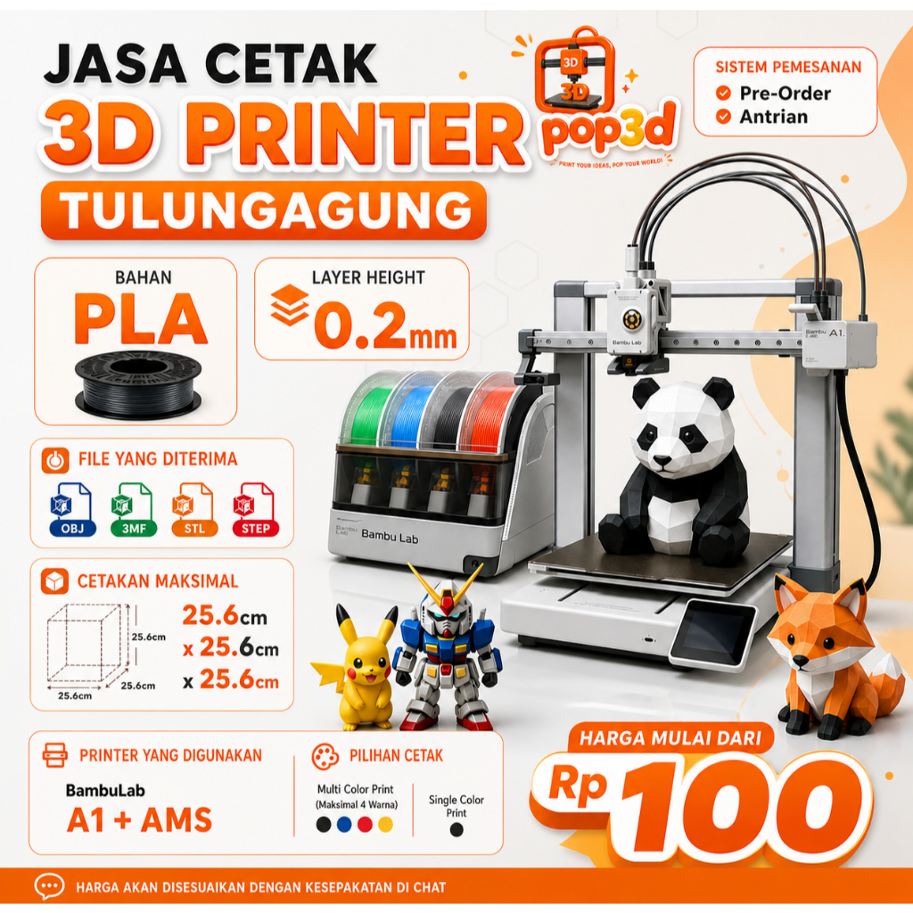 Jasa Cetak 3D Print PLA 0.2mm - High Quality FDM BambuLab A1 AMS - Tulungagung