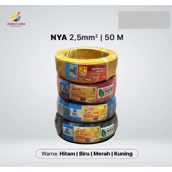 Kabel Jembo Tunggal NYA 2,5 mm Hitam,Biru,Merah & Kuning-Hijau Roll 50 Meter