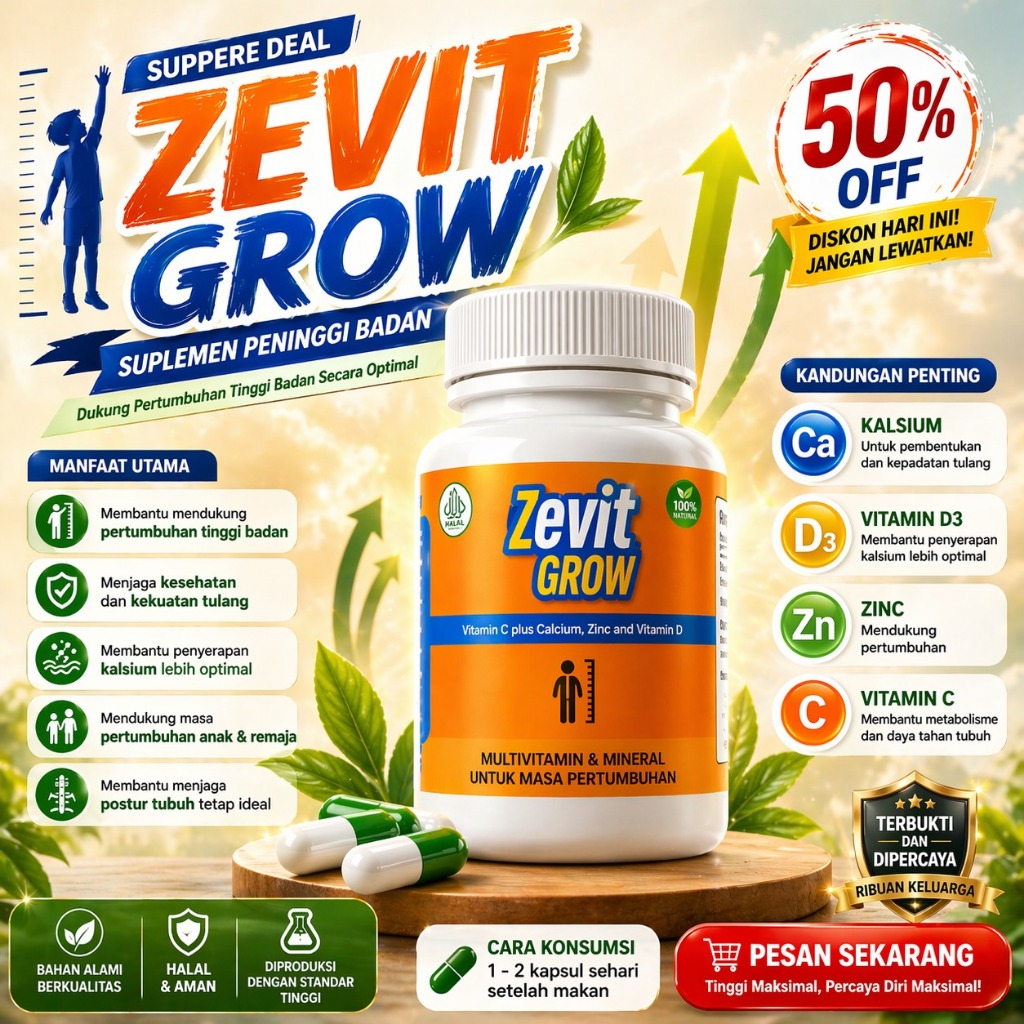 Zevit Grow Suplemen Tinggi Badan Kapsul dengan Kalsium Vitamin D Zinc untuk Pertumbuhan Tulang