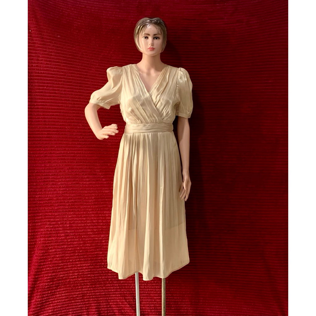 SHIMMER DRESS WANITA PESTA CANTIK MEWAH | TANGAN BALON ELEGANT LOOK DRESS | V NECK VINTAGE SILK KEKI