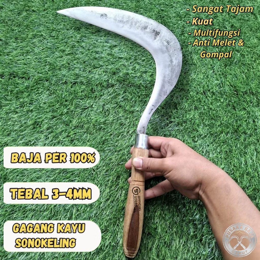 ARIT TANI/SABIT PERTANIAN MULTIFUNGSI/Alat Berkebun/Perawatan Taman/Arit Full Baja Per Asli Tajam