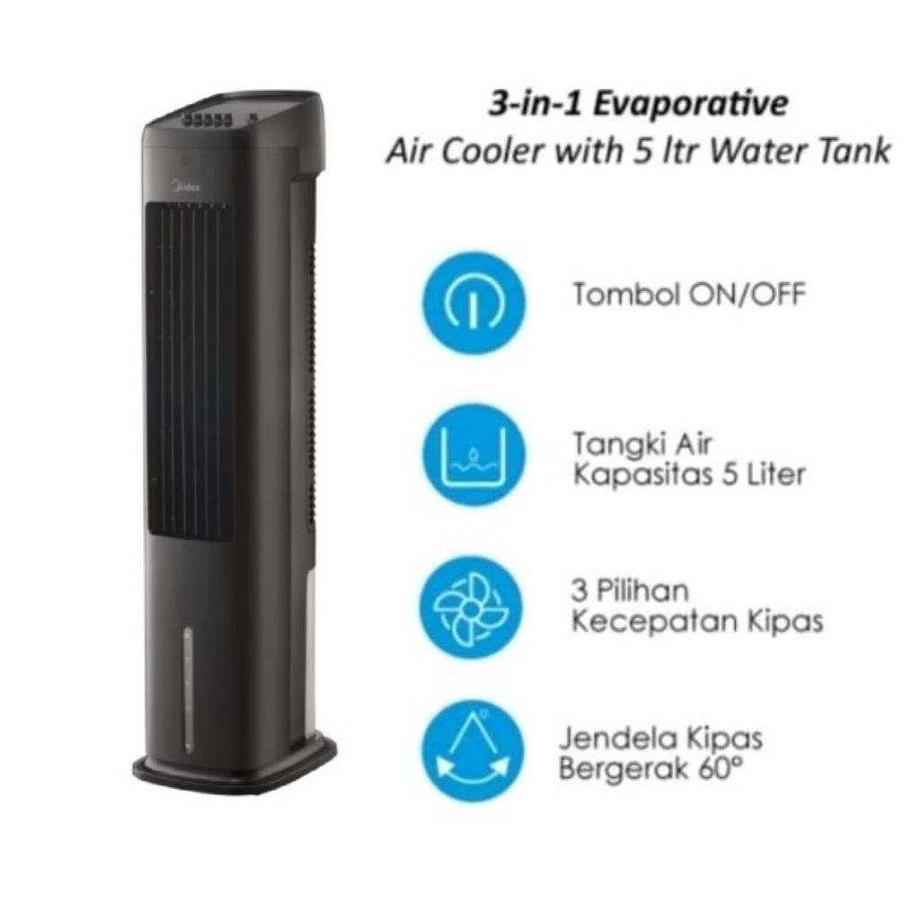 MIDEA AC100-10UB Air Cooler Tower Fan Penyejuk Udara 5 Liter 45w HITAM Tanpa Remot
