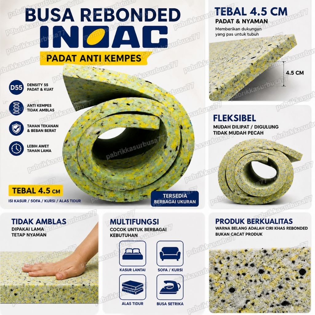 Busa Rebonded INOAC 60x200x4.5 cm Density 55 – Isi Kasur Padat Anti Kempes (Tanpa Sarung)