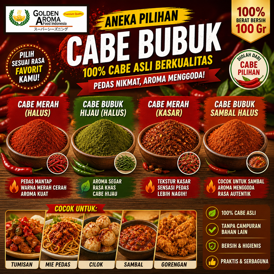 Bubuk Cabe Halus Super Extra Pedas Asin Gurih Rasa Daun Jeruk Aida Kasar Kering Tabur Murah Enak