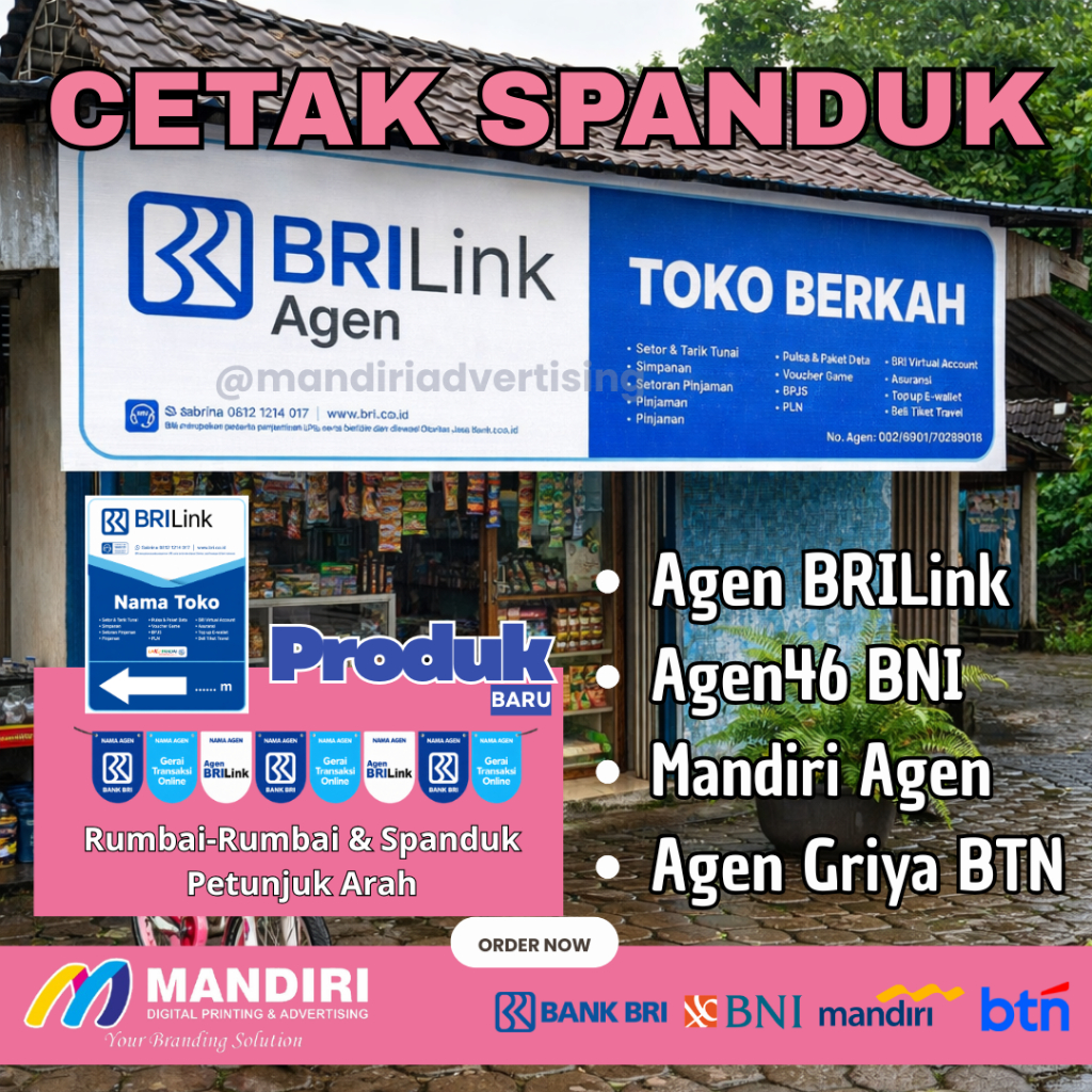 Cetak Spanduk Agen BRILink, BNI Agen46, Agen Griya BTN & Mandiri Agen/ Cetak Banner Agen BRILink, BN