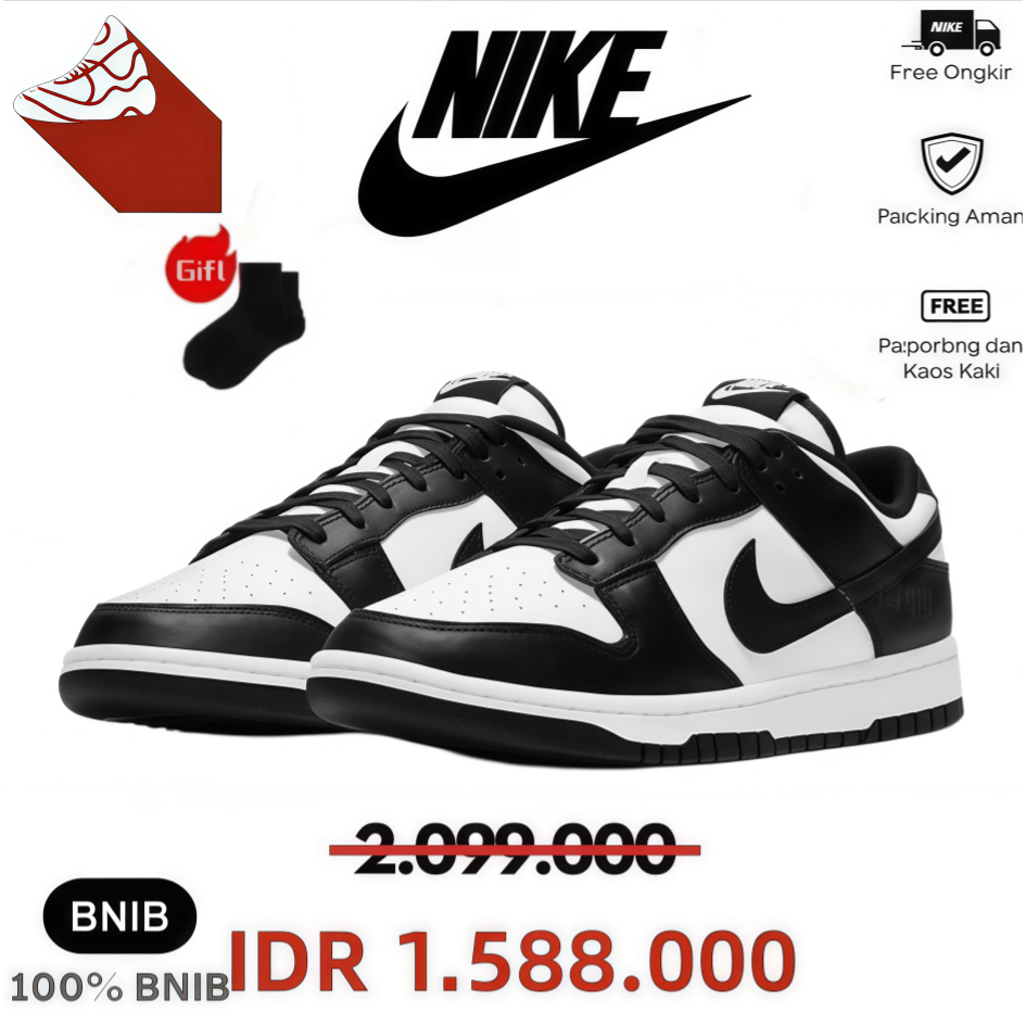 Nike Dunk Low Panda Hitam Putih Sepatu Retro Kulit - Pria Wanita - Dukung COD