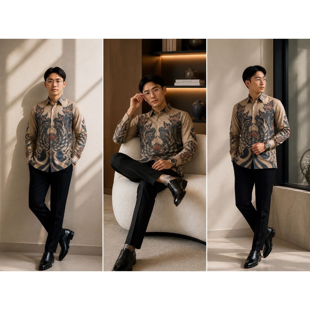 BAJU BATIK PRIA ELEGAN WARNA COKLAT SUSU PANJANG/PENDEK BAHAN KARTUN POLI LEMBUT BERKUALITAS