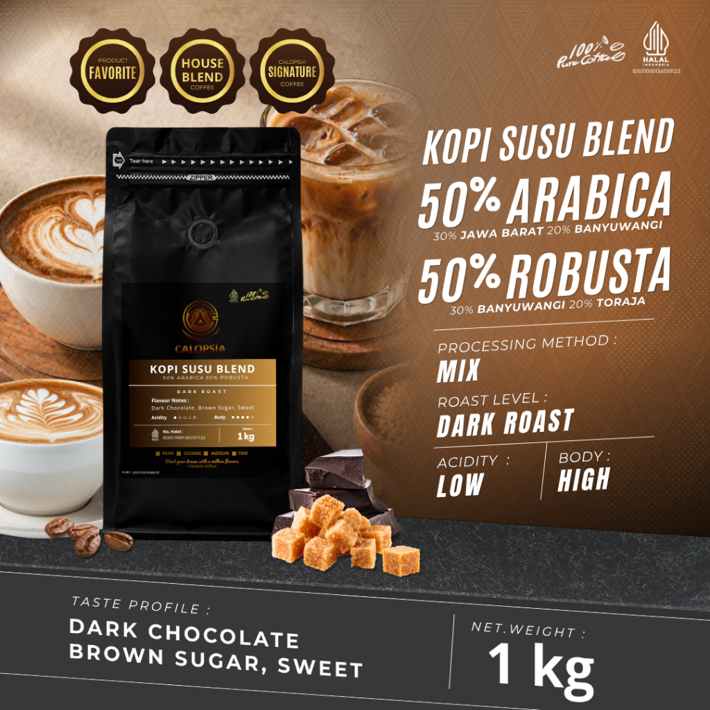 CALOPSIA Kopi Susu Blend untuk kopi susu kekinian 1 kg | House Blend 50:50