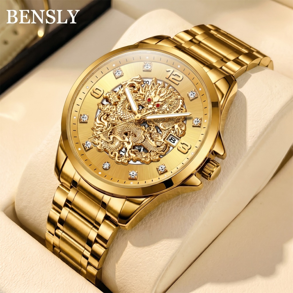 AIYISHI Jam Tangan Analog Stainless Steel Tahan Air 2059 Naga Emas Phoenix Emas
